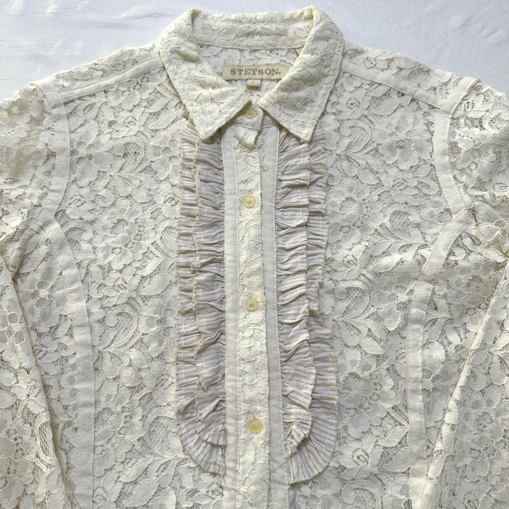 Stetson Lace Western Shirt Womens L Cream Ruffle Coastal Cowgirl Victorian Boho - Picture 8 of 12